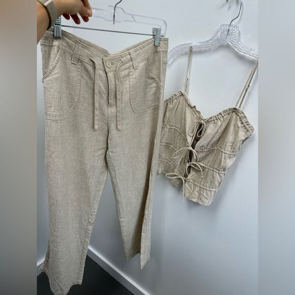 H&M Beige Linen Blend 2 Piece Pant Set Ruche Tie Front Top Wide Leg Size XS/S - Picture 7 of 15